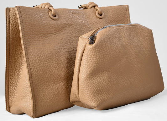 Apricot knotted bucket tote bag with textured leather and matching pouch