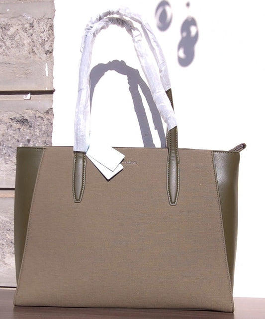 Chrisbella army green structured tote bag with saffiano leather and contrast side panels
