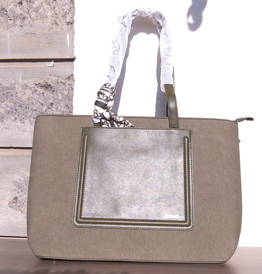 Chrisbella army green canvas tote bag with leather handles and leather center patch