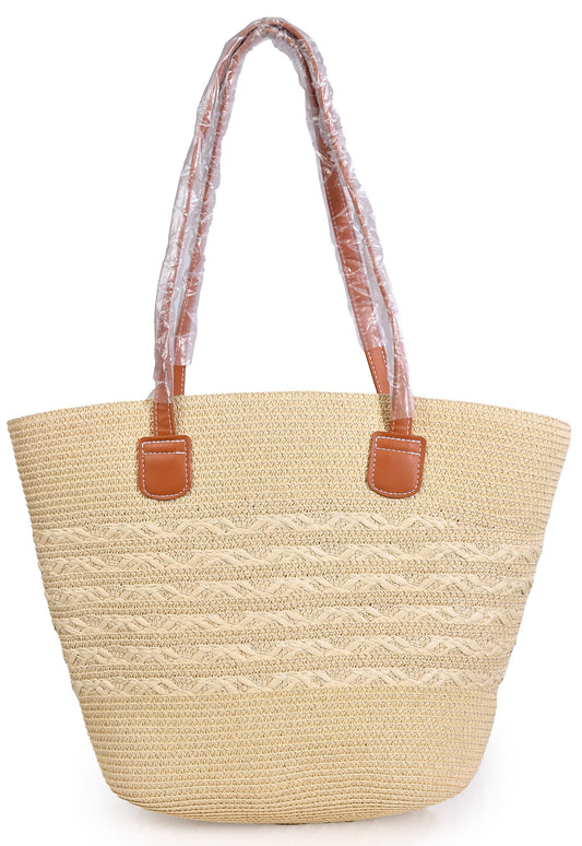 Natural beige striped summer tote bag with woven straw and leather handles
