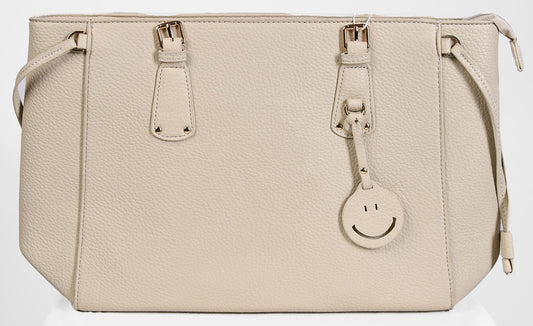 Executive beige leather tote bag with long straps and structured design
