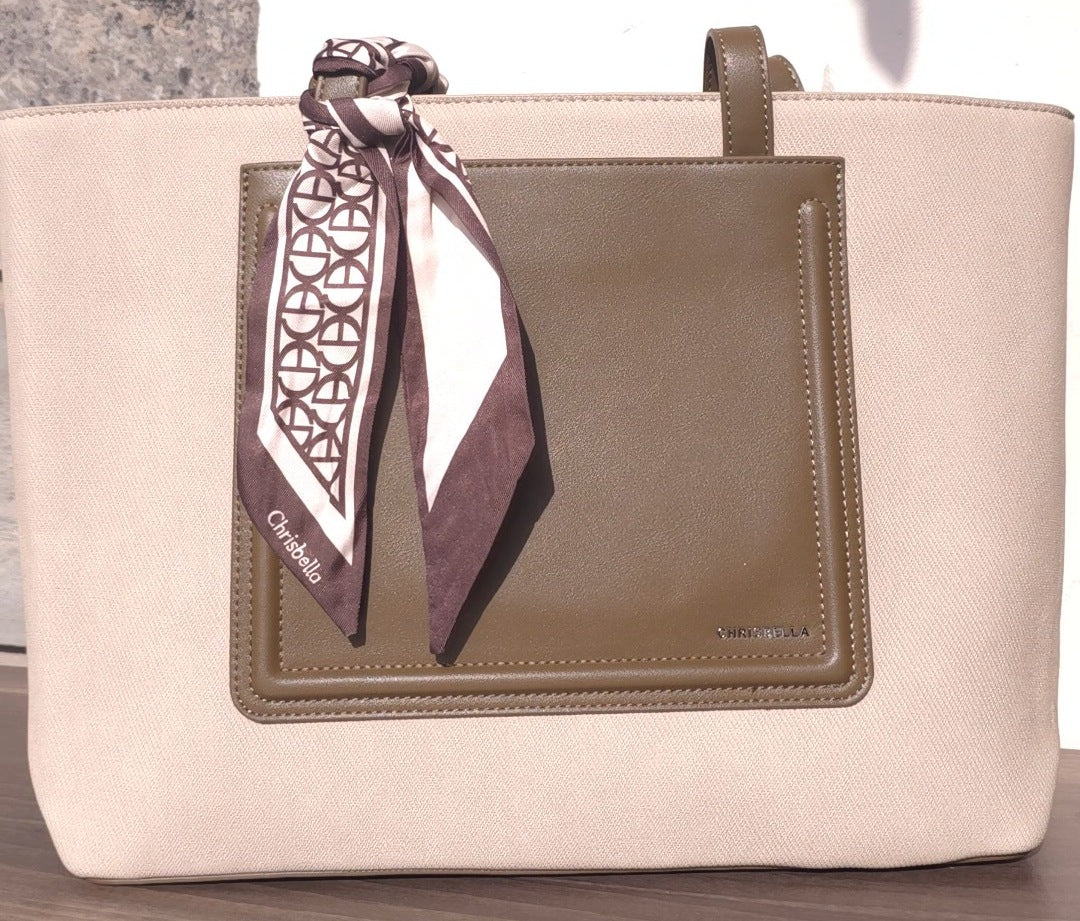 Chrisbella beige canvas tote bag with leather handles and leather center patch