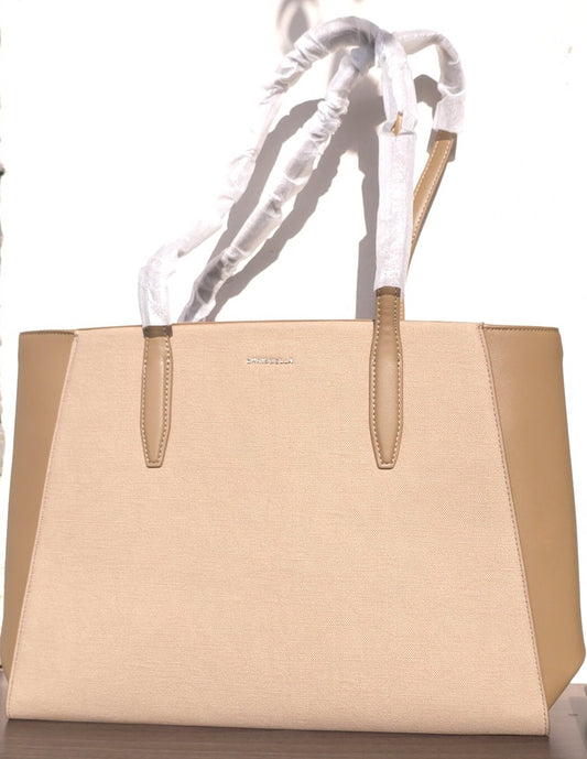  Chrisbella beige structured tote bag with saffiano leather and contrast side panels
