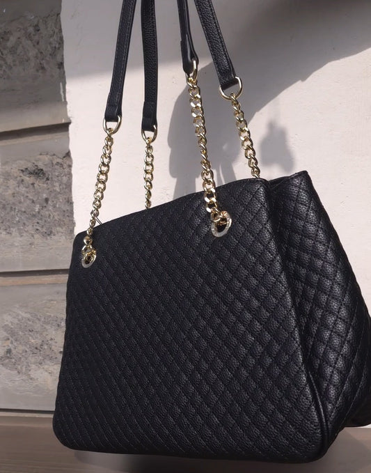 Chrisbella black quilted sling bag with gold chain strap and triple compartments
