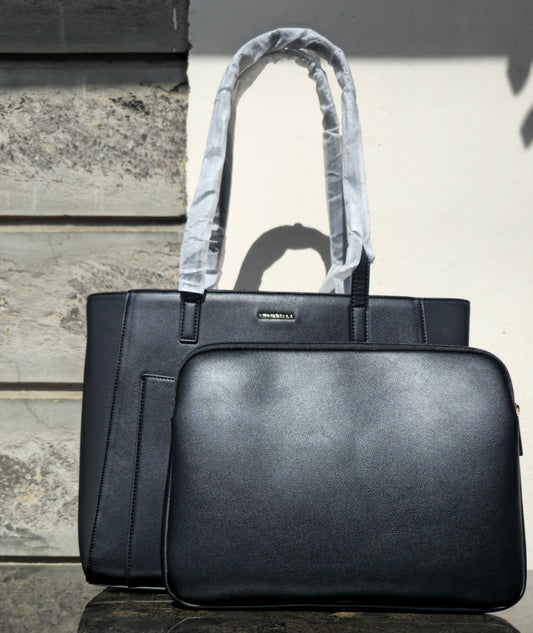 Chrisbella black shoulder bag with textured panels and matching pouch