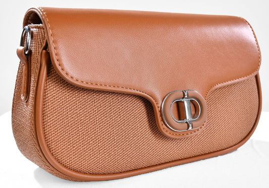 Elegant textured brown clutch bag with silver clasp and leather trim