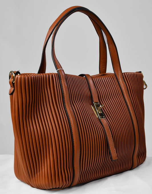 Luxury brown pleated handbag with gold buckle and matching zippered pouch