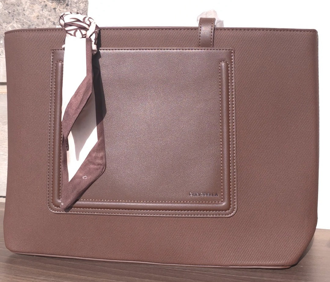 Chrisbella brown canvas tote bag with leather handles and leather center patch