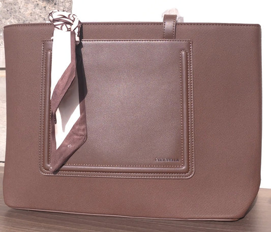 Chrisbella brown canvas tote bag with leather handles and leather center patch