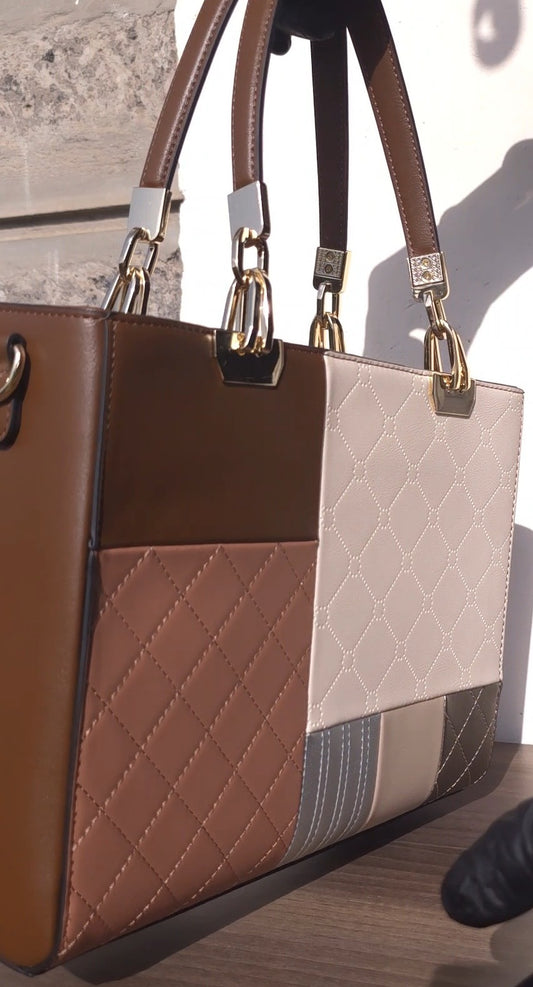 Chrisbella coffee color-block tote bag with quilted panels and gold hardware