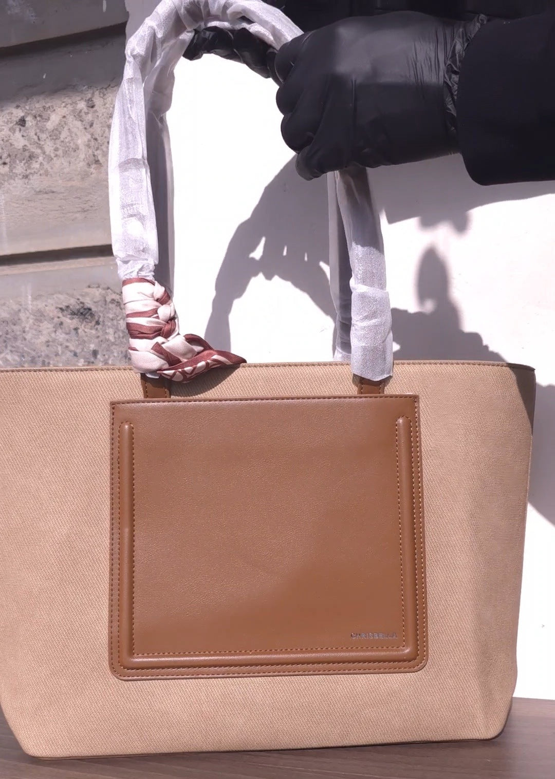 Chrisbella brown canvas tote bag with leather handles and leather center patch