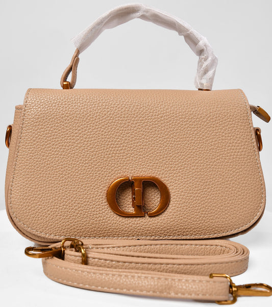 Premium light khaki pebbled leather shoulder bag with gold clasp and removable straps