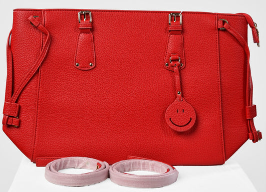 Executive red leather tote bag with long straps and structured design