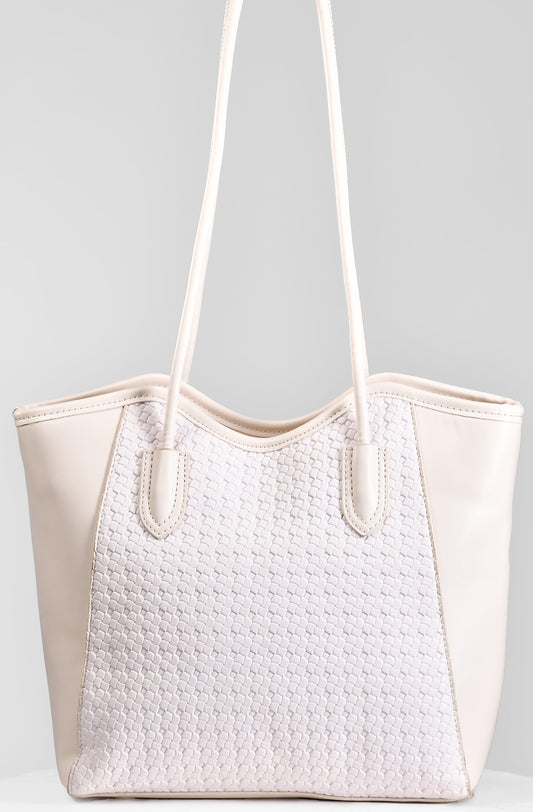 Executive white woven leather tote bag with long straps and structured design
