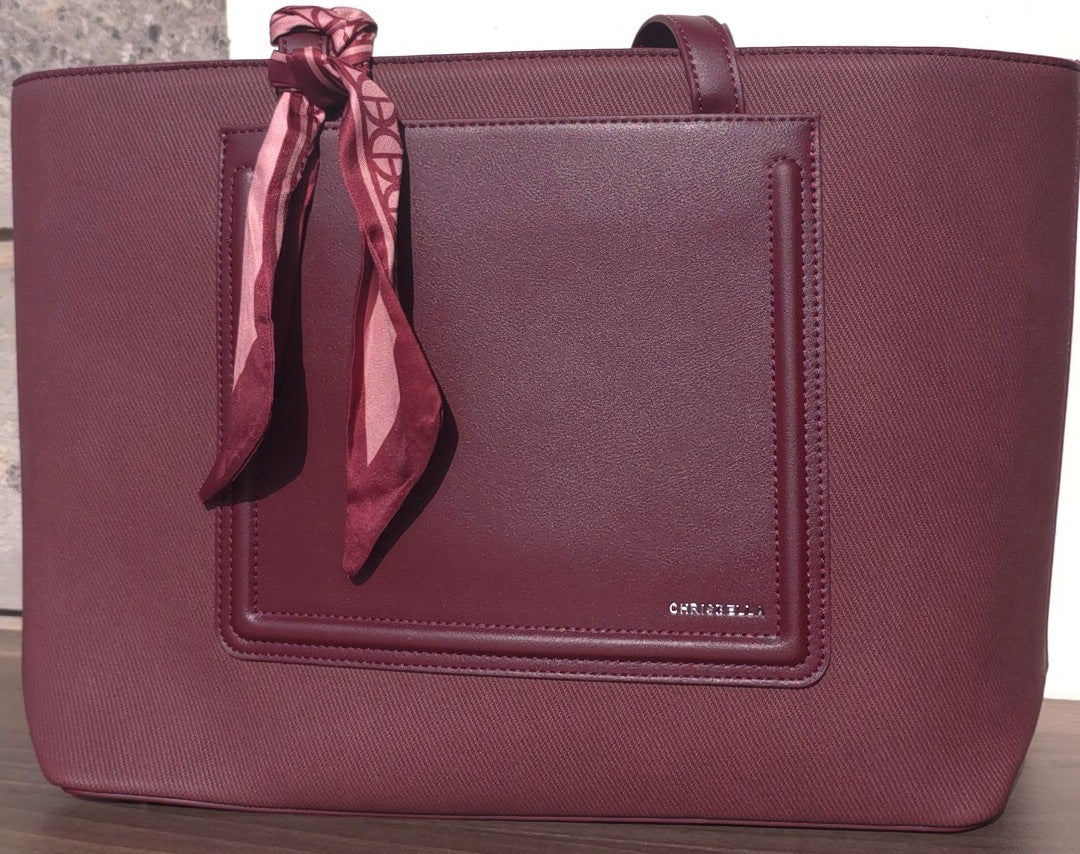 Chrisbella wine red canvas tote bag with leather handles and leather center patch